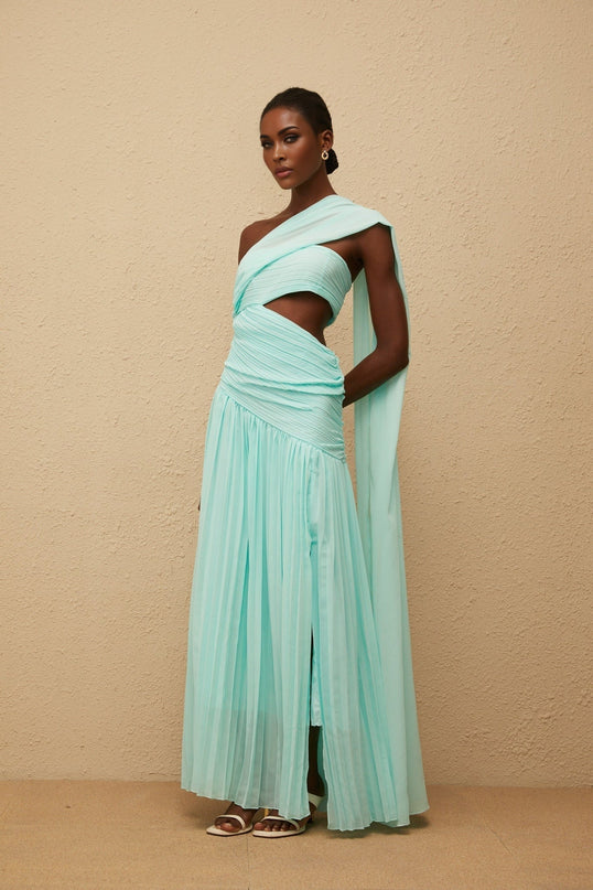 Johanna Green Maxi Dress with One-Shoulder Silhouette and Cut-Out Details