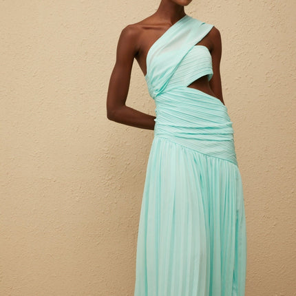 Johanna Green Maxi Dress with One-Shoulder Silhouette and Cut-Out Details