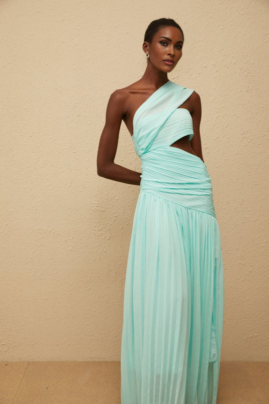 Johanna Green Maxi Dress with One-Shoulder Silhouette and Cut-Out Details
