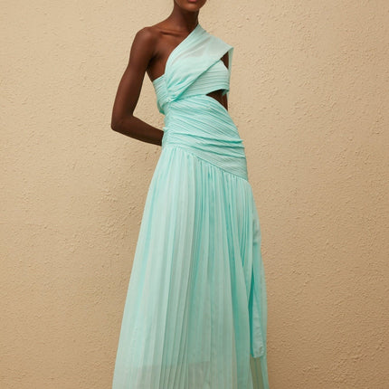 Johanna Green Maxi Dress with Asymmetrical One-Shoulder Silhouette and Side Slit