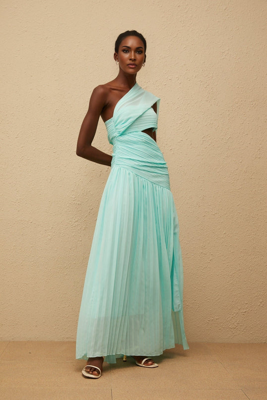 Johanna Green Maxi Dress with Asymmetrical One-Shoulder Silhouette and Side Slit