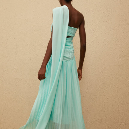 Johanna Green Maxi Dress with One-Shoulder Silhouette and Cut-Out Details