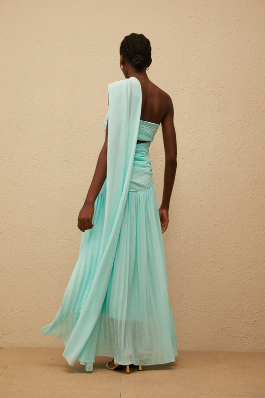 Johanna Green Maxi Dress with One-Shoulder Silhouette and Cut-Out Details