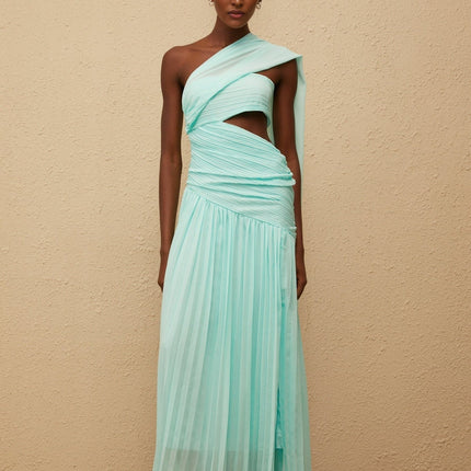 Johanna Green Maxi Dress with Asymmetrical One-Shoulder Silhouette and Side Slit
