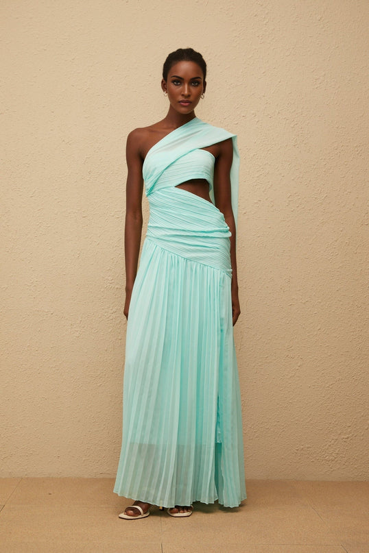 Johanna Green Maxi Dress with Asymmetrical One-Shoulder Silhouette and Side Slit
