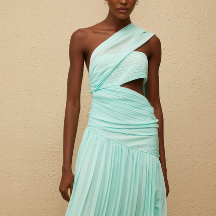 Johanna Green Maxi Dress with Asymmetrical One-Shoulder Silhouette and Cut-Out Details