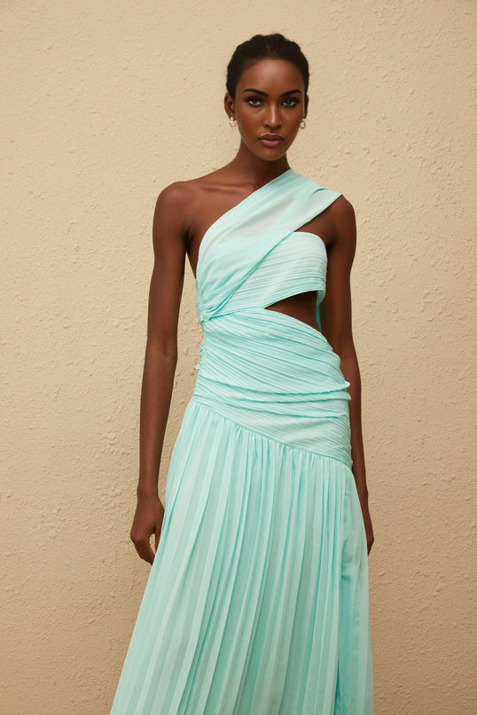 Johanna Green Maxi Dress with Asymmetrical One-Shoulder Silhouette and Cut-Out Details