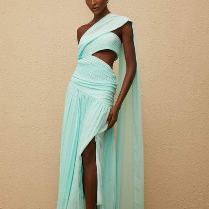 Johanna Green Maxi Dress with One-Shoulder Silhouette and Cut-Out Details