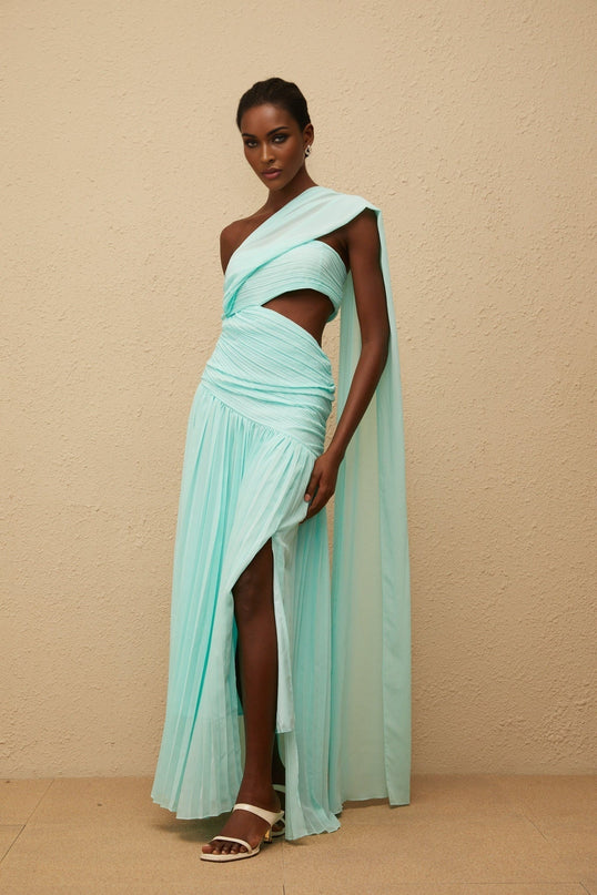 Johanna Green Maxi Dress with One-Shoulder Silhouette and Cut-Out Details