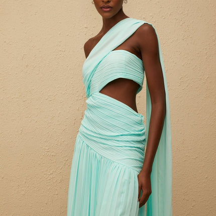 Johanna Maxi Dress in Green Mint One-Shoulder Cut-Out Ribbon Pleated Sleeveless Side Slit Elegant Graceful Terylene Fiber