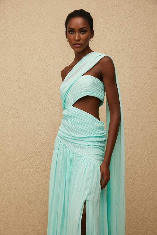 Johanna Maxi Dress in Green Mint One-Shoulder Cut-Out Ribbon Pleated Sleeveless Side Slit Elegant Graceful Terylene Fiber