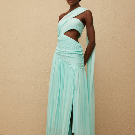 Johanna Maxi Dress in Mesmerizing Mint Green with Asymmetrical One-Shoulder Silhouette and Cut-Out Details