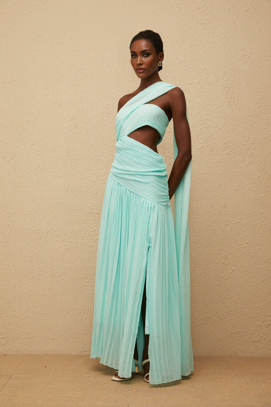 Johanna Maxi Dress in Mesmerizing Mint Green with Asymmetrical One-Shoulder Silhouette and Cut-Out Details