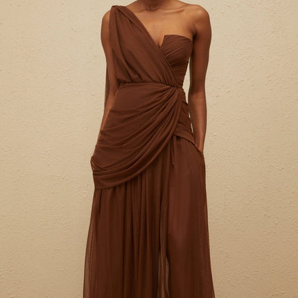Jolanda Brown Asymmetrical One-Shoulder Maxi Gown with Ruched Detailing and Tulle Fabric