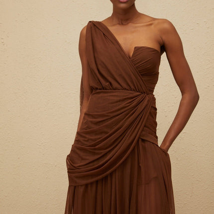 Jolanda Brown One-Shoulder Maxi Gown with Ruched Detailing and Tulle Fabric