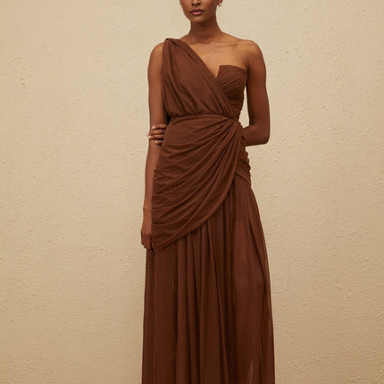 Jolanda Brown One-Shoulder Maxi Gown with Ruched Detailing and Tulle Fabric