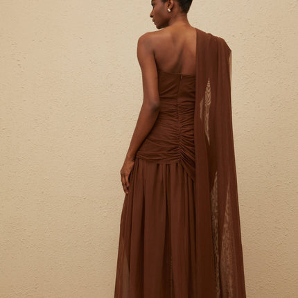 Jolanda Brown One Shoulder Maxi Gown with Ruched Detailing and Tulle Fabric
