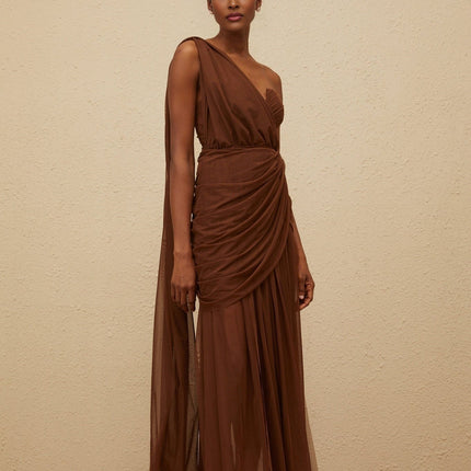Jolanda Brown One Shoulder Maxi Gown with Ruched Detailing and Tulle Fabric