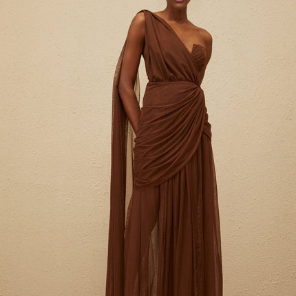 Jolanda Brown One-Shoulder Maxi Gown with Ruched Detailing and Tulle Fabric