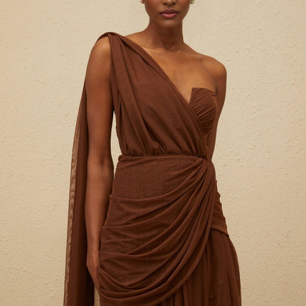 Jolanda Brown One Shoulder Maxi Gown with Ruched Detailing and Tulle Fabric