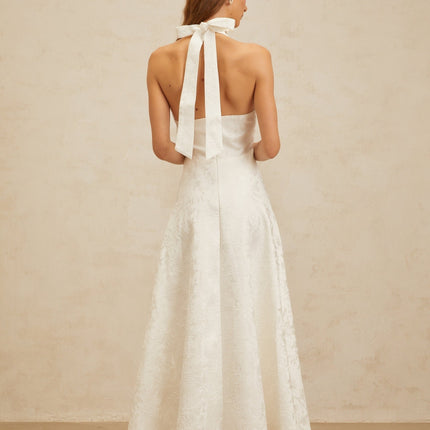 Jolanda White Floral Jacquard Halterneck Midi Dress with Open Back and Self-Tie Detail