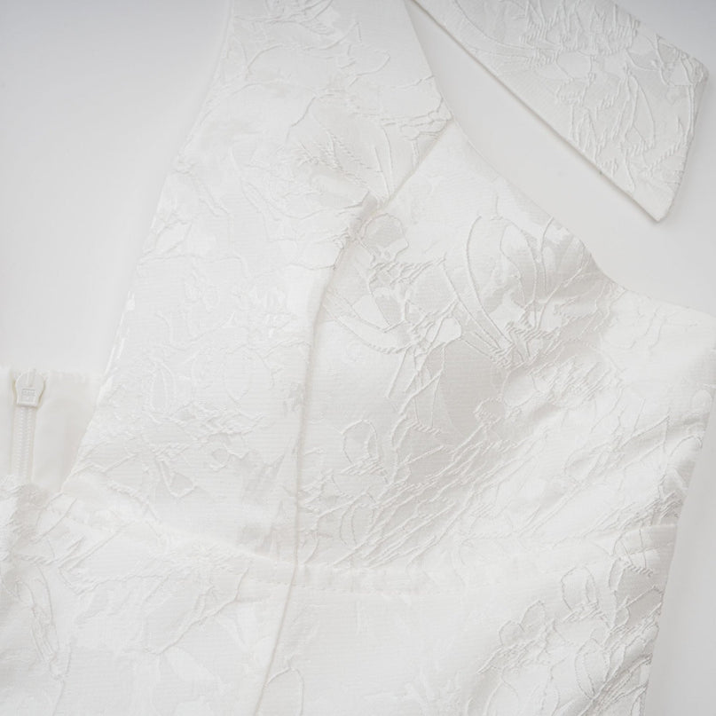 Jolanda White Floral Jacquard Halterneck Midi Dress with Open Back and Self-Tie Detail