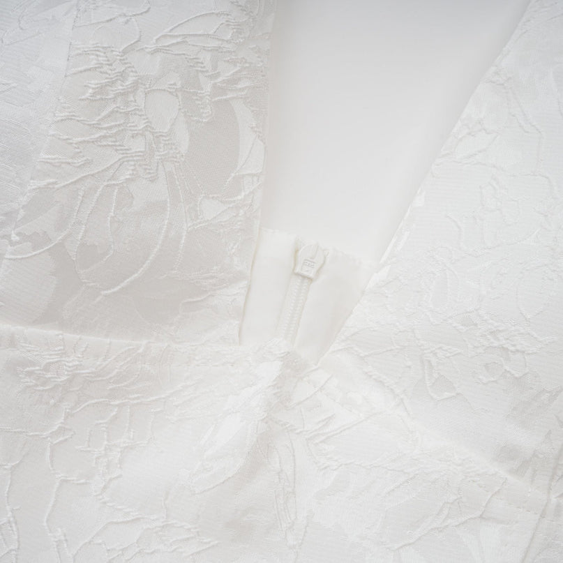 Jolanda White Floral Jacquard Halterneck Midi Dress with Open Back and Self-Tie Detail