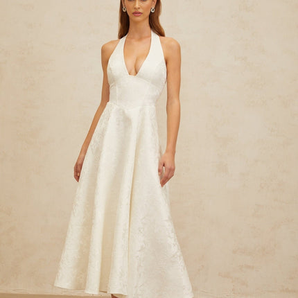 Jolanda White Floral Jacquard Halterneck Midi Dress with Open Back