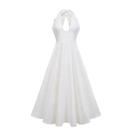 Jolanda White Floral Jacquard Halterneck Midi Dress with Open Back and Self-Tie Detail