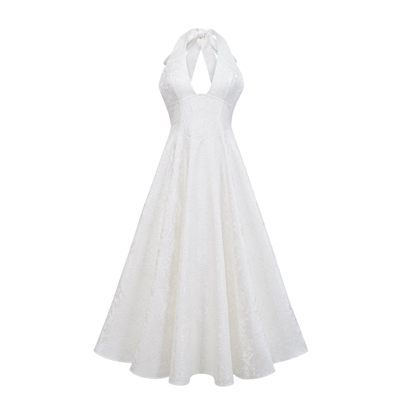 Jolanda White Floral Jacquard Halterneck Midi Dress with Open Back and Self-Tie Detail