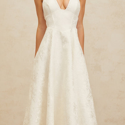 Jolanda White Floral Jacquard Halterneck Midi Dress