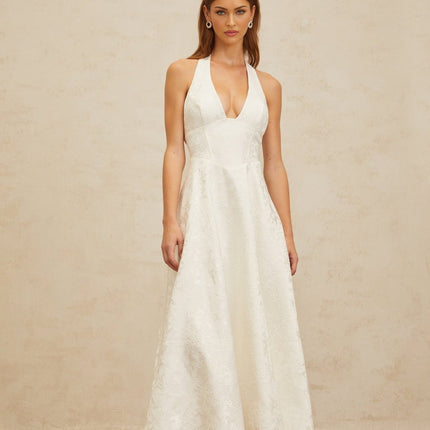 Jolanda White Floral Jacquard Halterneck Midi Dress with Open Back and Self-Tie Detail
