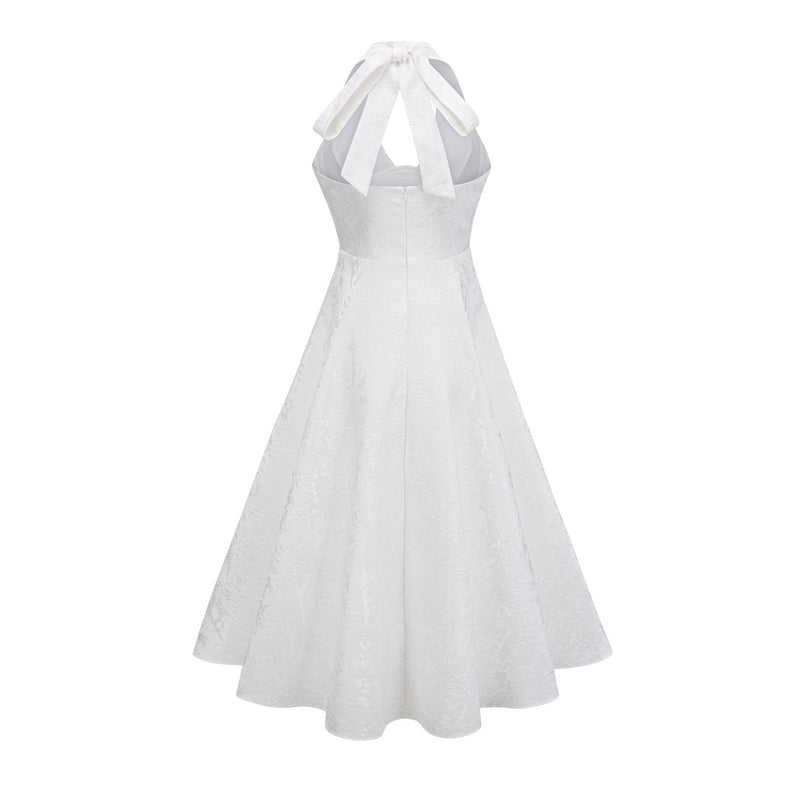 Jolanda White Floral Jacquard Halterneck Midi Dress with Open Back and Self-Tie Detail