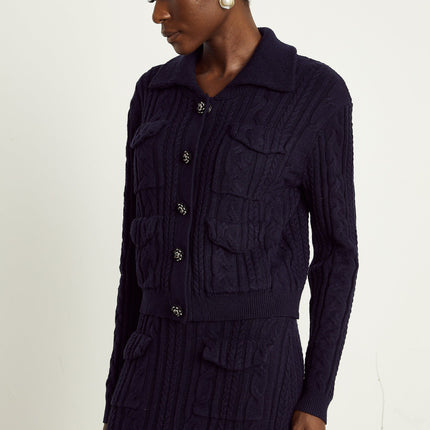 Jolanda Navy Blue Bead-Embellished Knit Jacket Skirt Matching Set
