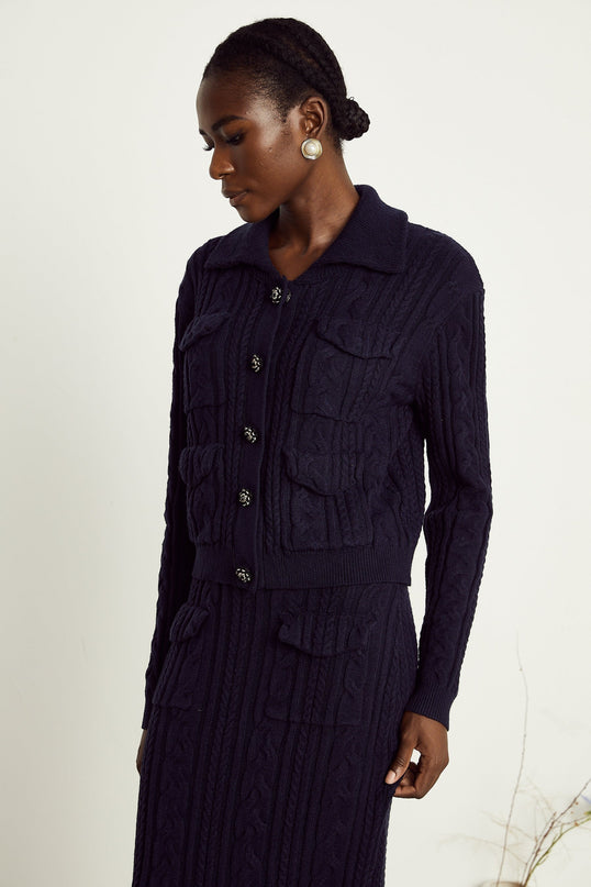 Jolanda Navy Blue Bead-Embellished Knit Jacket Skirt Matching Set