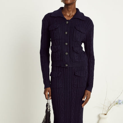 Jolanda Navy Blue Knit Jacket and Skirt Matching Set with Bead-Embellished Buttons and Lapels