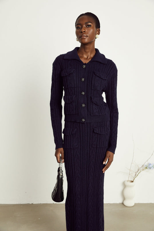 Jolanda Navy Blue Knit Jacket and Skirt Matching Set with Bead-Embellished Buttons and Lapels