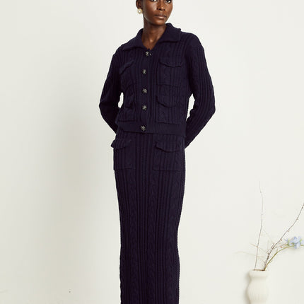 Jolanda Navy Blue Knit Jacket Skirt Matching Set