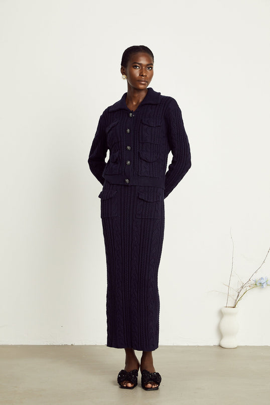Jolanda Navy Blue Knit Jacket Skirt Matching Set