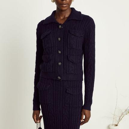 Jolanda Navy Blue Knit Jacket Skirt Matching Set with Bead-Embellished Buttons and Lapels