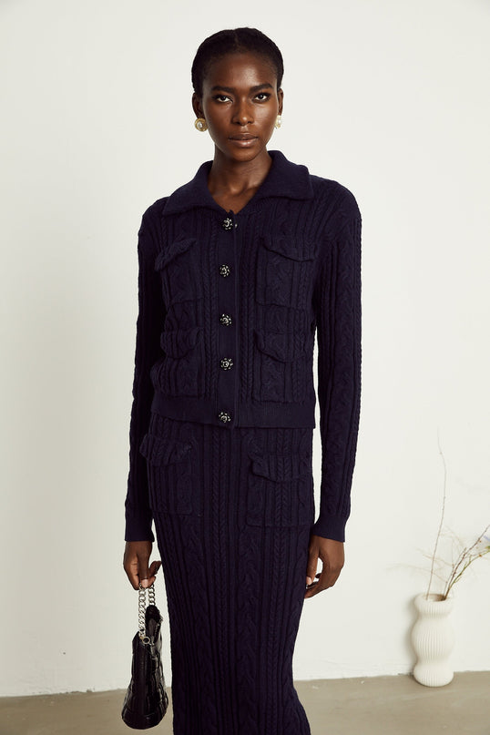 Jolanda Navy Blue Knit Jacket Skirt Matching Set with Bead-Embellished Buttons and Lapels