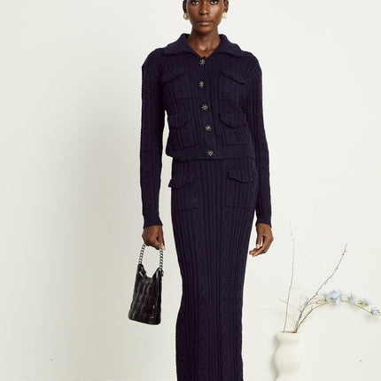 Jolanda Navy Blue Knit Jacket Skirt Matching Set