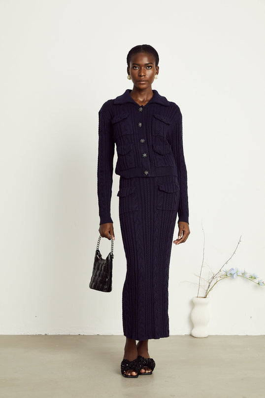 Jolanda Navy Blue Knit Jacket Skirt Matching Set