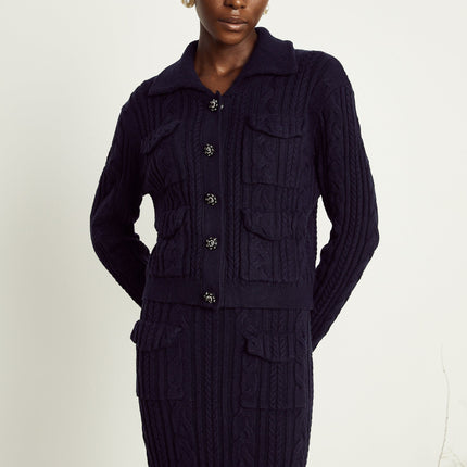 Jolanda Navy Blue Knit Jacket Skirt Matching Set