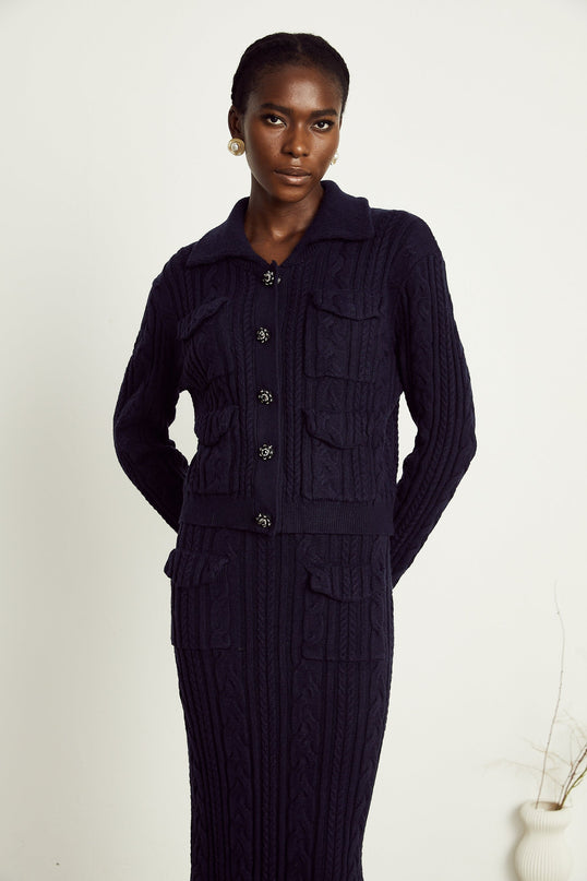 Jolanda Navy Blue Knit Jacket Skirt Matching Set