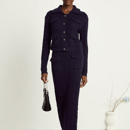 Jolanda Navy Blue Knit Matching Set Jacket Skirt Bead-Embellished Buttons Lapels Long Sleeves Front Flap Pockets Calf-Length Front Flap Pockets 55% Polyamide 26% Wool 15% Viscose 6% Lyocell
