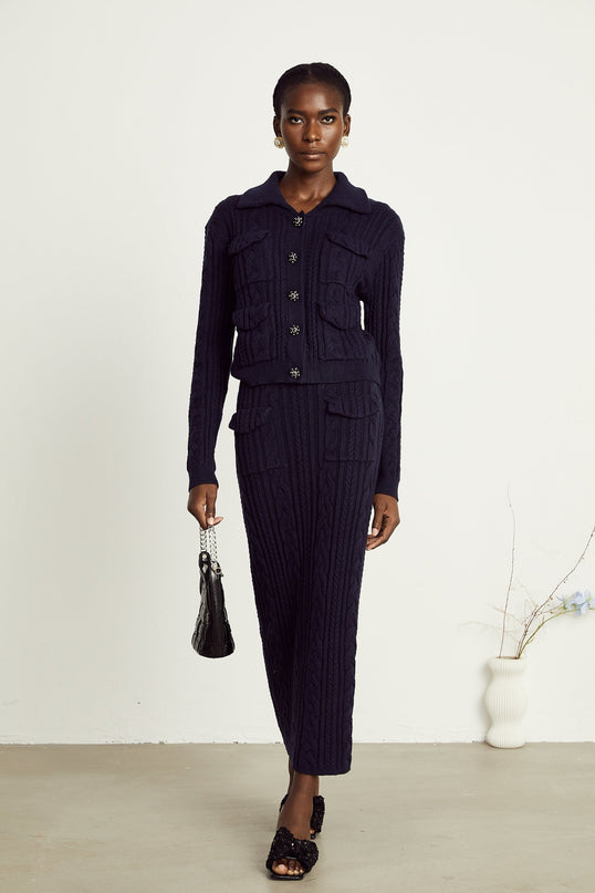 Jolanda Navy Blue Knit Matching Set Jacket Skirt Bead-Embellished Buttons Lapels Long Sleeves Front Flap Pockets Calf-Length Front Flap Pockets 55% Polyamide 26% Wool 15% Viscose 6% Lyocell
