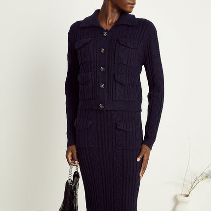 Jolanda Navy Blue Knit Matching Set Jacket Skirt Bead Embellished Buttons Lapels Long Sleeves Front Flap Pockets Calf Length Allure Slip On Style Polyamide Wool Viscose Lyocell