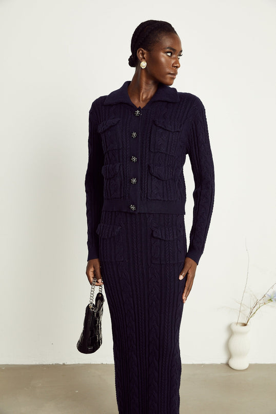 Jolanda Navy Blue Knit Matching Set Jacket Skirt Bead Embellished Buttons Lapels Long Sleeves Front Flap Pockets Calf Length Allure Slip On Style Polyamide Wool Viscose Lyocell