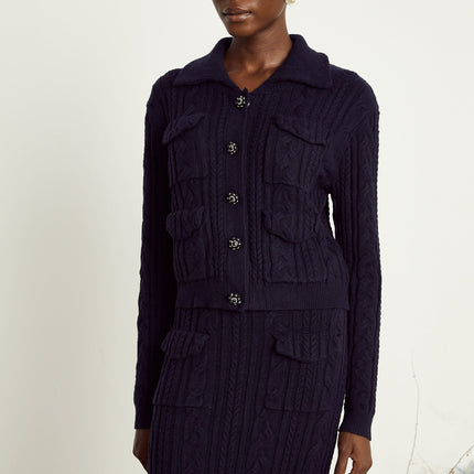 Jolanda Navy Blue Knit Matching Set Jacket Skirt Bead-Embellished Buttons Lapels Long Sleeves Front Flap Pockets Calf-Length Allure Slip-On Style 55% Polyamide 26% Wool 15% Viscose 6% Lyocell